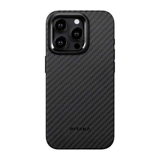iPhone 15 Pro Max Kılıf M-safe Şarj Özellikli 1500D Aramid Fiber Pitaka Military-Grade Classic Serisi Black-Grey Twill Kapak