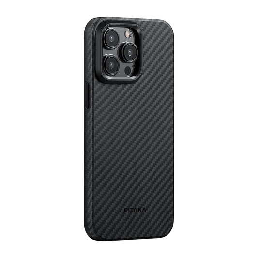 iPhone 15 Pro Max Kılıf M-safe Şarj Özellikli 1500D Aramid Fiber Pitaka Military-Grade Classic Serisi Black-Grey Twill Kapak