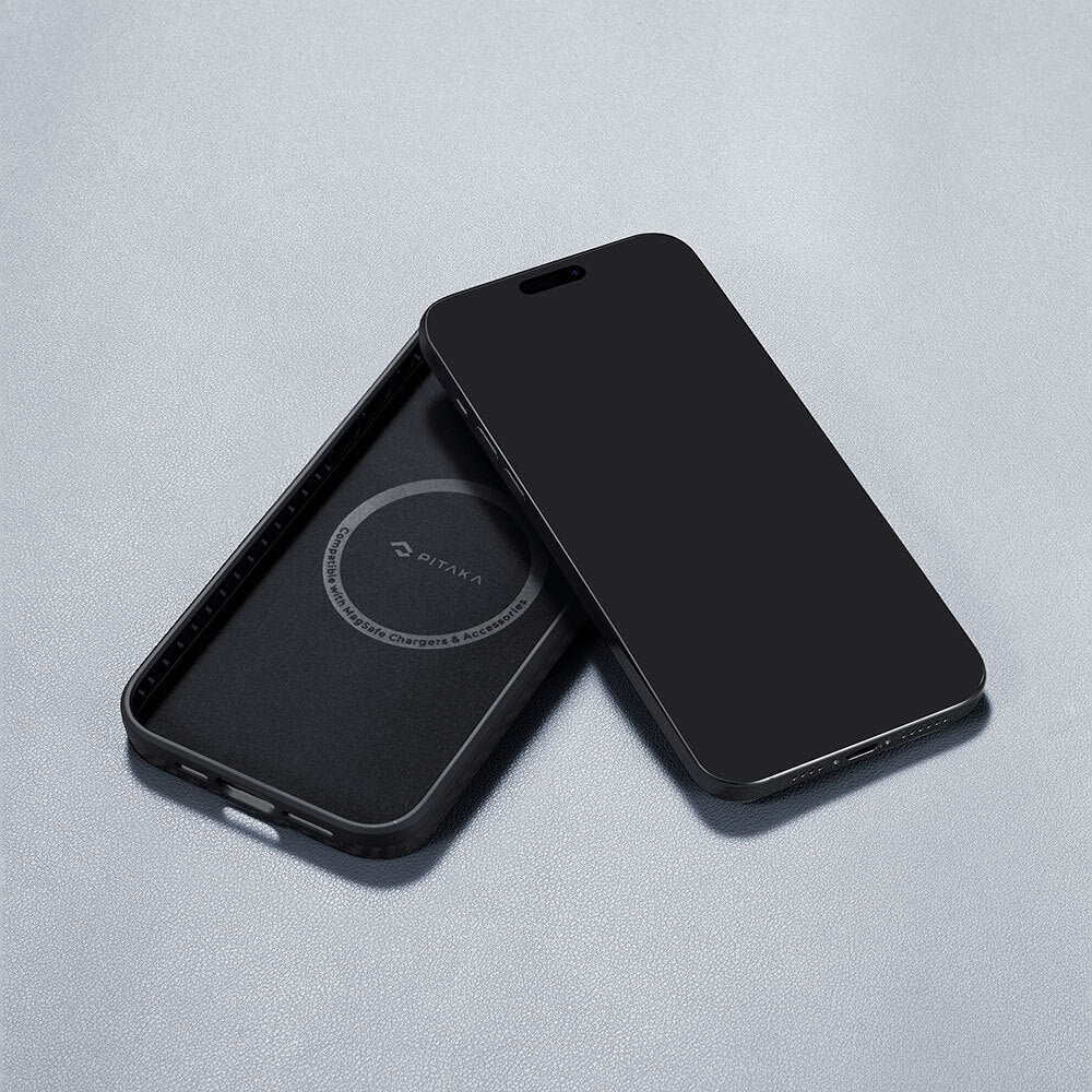 iPhone 15 Pro Max Kılıf M-safe Şarj Özellikli 1500D Aramid Fiber Pitaka Military-Grade Classic Serisi Black-Grey Twill Kapak