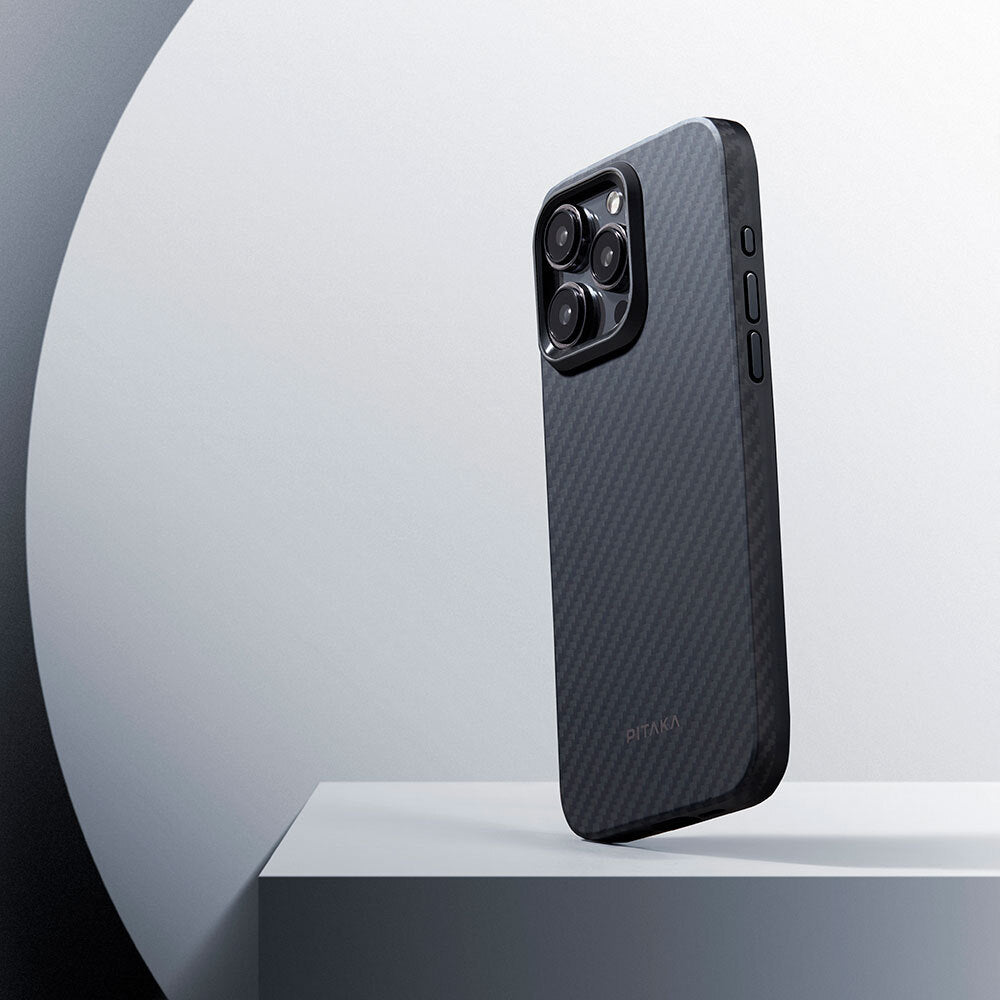 iPhone 15 Pro Max Kılıf M-safe Şarj Özellikli 1500D Aramid Fiber Pitaka Military-Grade Classic Serisi Black-Grey Twill Kapak