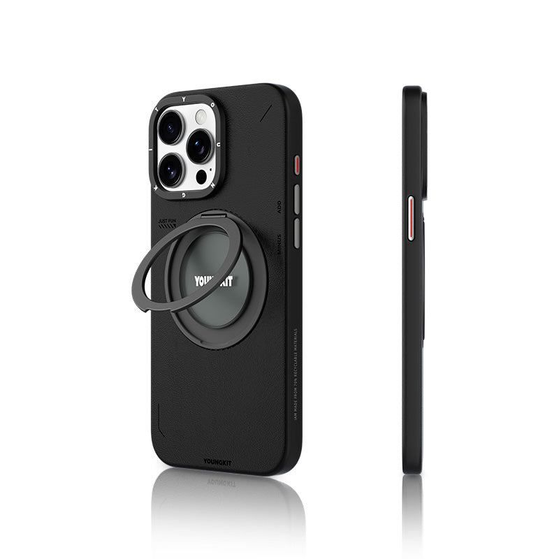 iPhone 15 Pro Max Kılıf M-safe Şarj Özellikli 360° Standlı Basit Mat Deri Desenli Youngkit Tech Leather Serisi Kapak