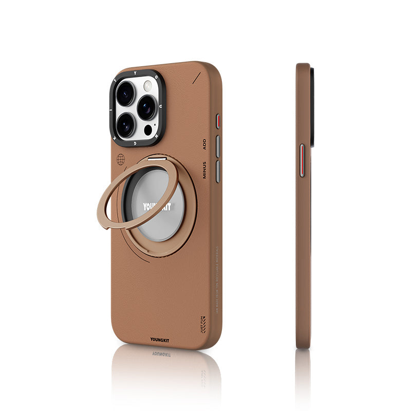 iPhone 15 Pro Max Kılıf M-safe Şarj Özellikli 360° Standlı Basit Mat Deri Desenli Youngkit Tech Leather Serisi Kapak