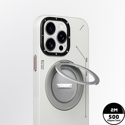 iPhone 15 Pro Max Kılıf M-safe Şarj Özellikli 360° Standlı Basit Mat Deri Desenli Youngkit Tech Leather Serisi Kapak