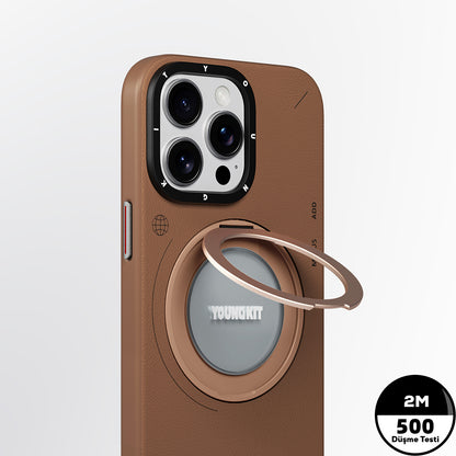 iPhone 15 Pro Max Kılıf M-safe Şarj Özellikli 360° Standlı Basit Mat Deri Desenli Youngkit Tech Leather Serisi Kapak