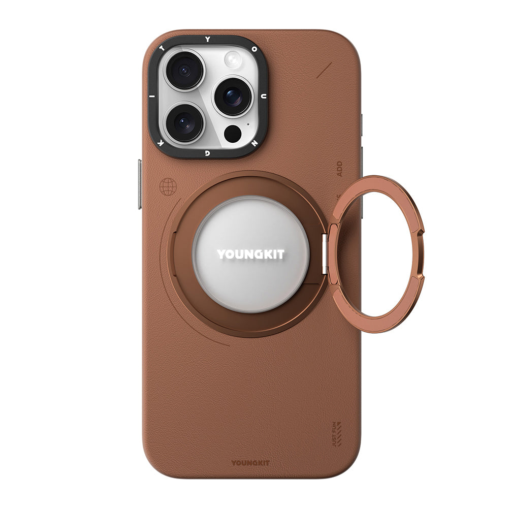 iPhone 15 Pro Max Kılıf M-safe Şarj Özellikli 360° Standlı Basit Mat Deri Desenli Youngkit Tech Leather Serisi Kapak