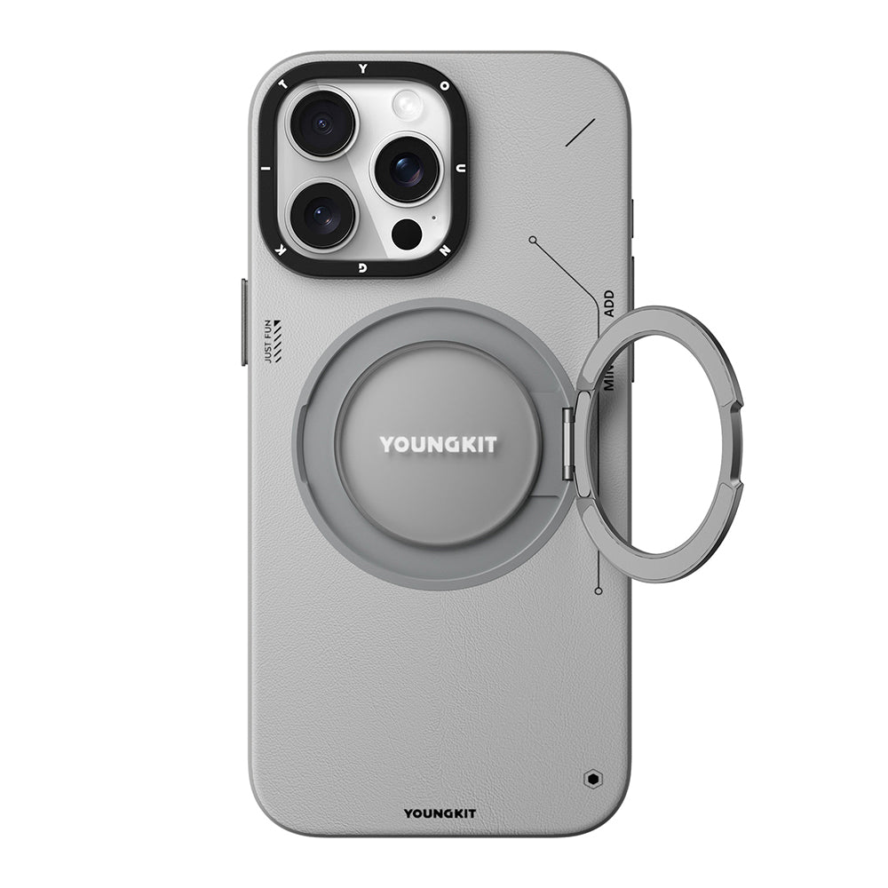 iPhone 15 Pro Max Kılıf M-safe Şarj Özellikli 360° Standlı Basit Mat Deri Desenli Youngkit Tech Leather Serisi Kapak