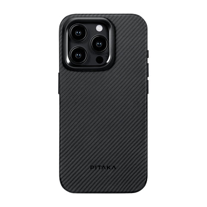 iPhone 15 Pro Max Kılıf M-safe Şarj Özellikli 600D Aramid Fiber Pitaka Military-Grade Classic Serisi Black-Grey Twill Kapak