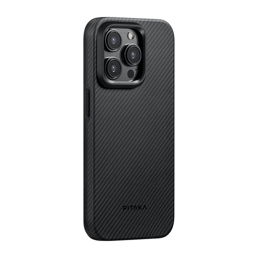 iPhone 15 Pro Max Kılıf M-safe Şarj Özellikli 600D Aramid Fiber Pitaka Military-Grade Classic Serisi Black-Grey Twill Kapak