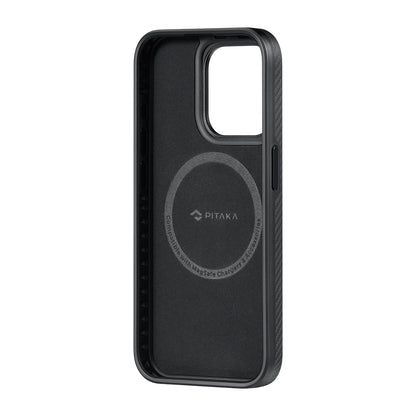 iPhone 15 Pro Max Kılıf M-safe Şarj Özellikli 600D Aramid Fiber Pitaka Military-Grade Classic Serisi Black-Grey Twill Kapak