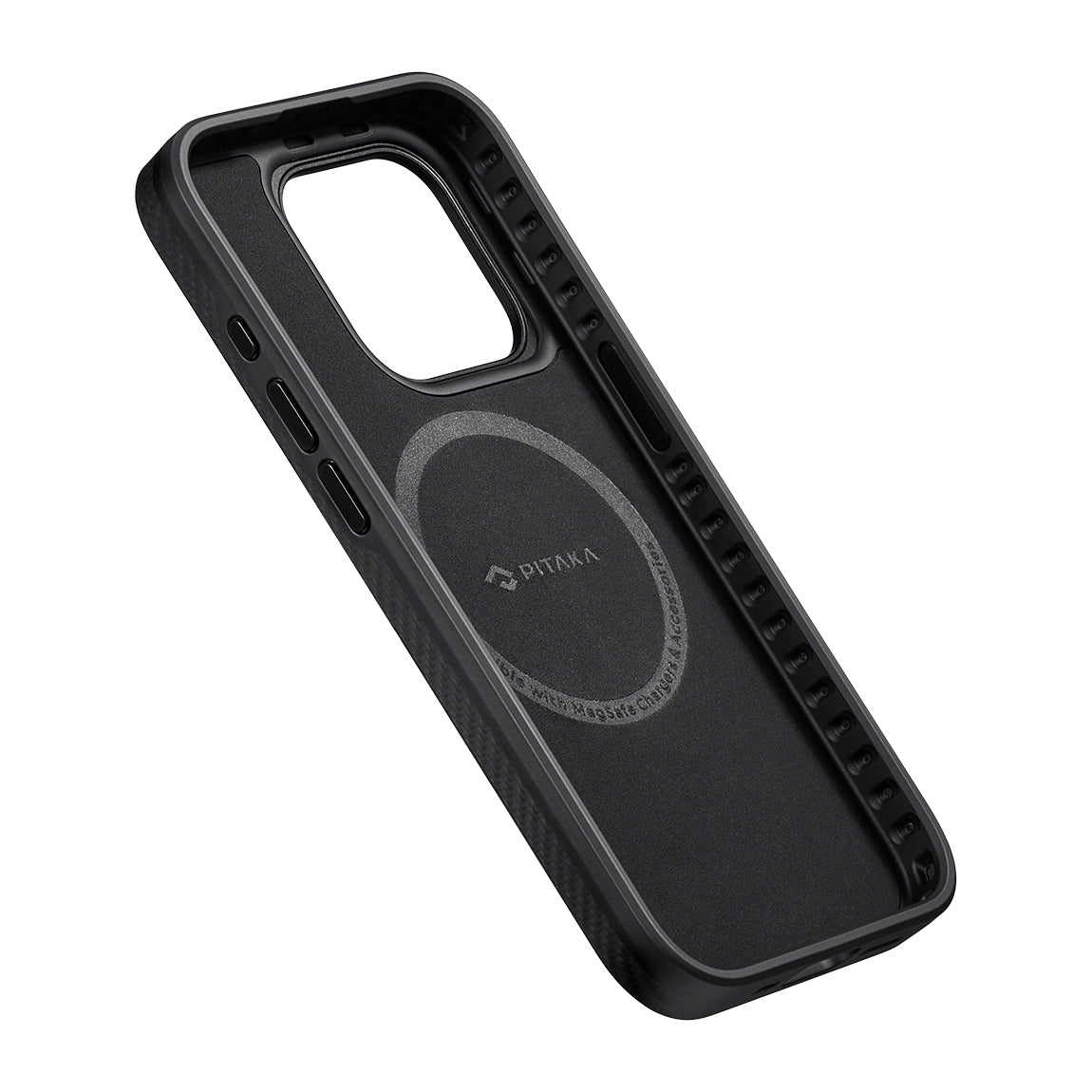 iPhone 15 Pro Max Kılıf M-safe Şarj Özellikli 600D Aramid Fiber Pitaka Military-Grade Classic Serisi Black-Grey Twill Kapak