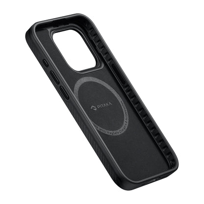 iPhone 15 Pro Max Kılıf M-safe Şarj Özellikli 600D Aramid Fiber Pitaka Military-Grade Classic Serisi Black-Grey Twill Kapak
