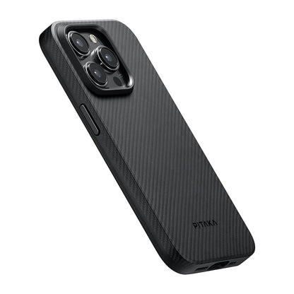 iPhone 15 Pro Max Kılıf M-safe Şarj Özellikli 600D Aramid Fiber Pitaka Military-Grade Classic Serisi Black-Grey Twill Kapak