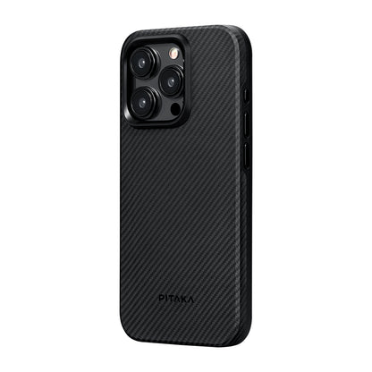iPhone 15 Pro Max Kılıf M-safe Şarj Özellikli 600D Aramid Fiber Pitaka Military-Grade Classic Serisi Black-Grey Twill Kapak