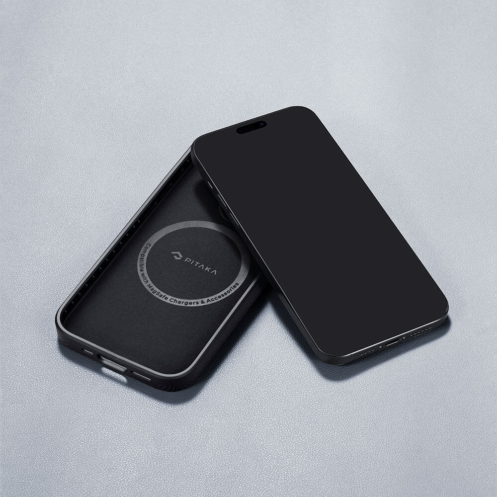 iPhone 15 Pro Max Kılıf M-safe Şarj Özellikli 600D Aramid Fiber Pitaka Military-Grade Classic Serisi Black-Grey Twill Kapak