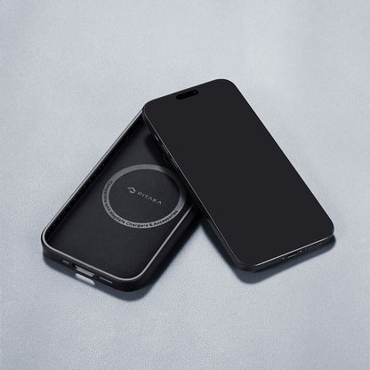 iPhone 15 Pro Max Kılıf M-safe Şarj Özellikli 600D Aramid Fiber Pitaka Military-Grade Classic Serisi Black-Grey Twill Kapak