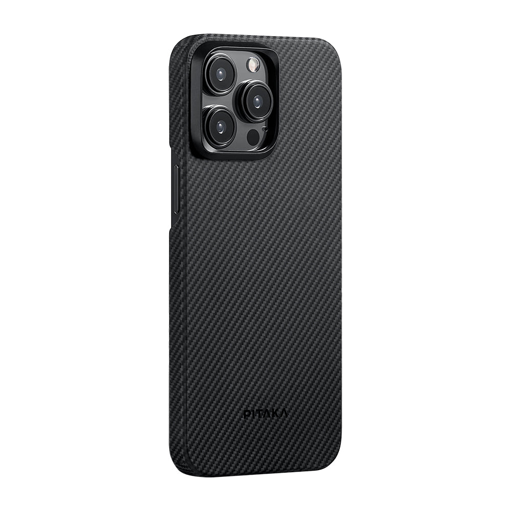 iPhone 15 Pro Max Kılıf M-safe Şarj Özellikli 600D Aramid Fiber Pitaka Ultra-Slim Classic Serisi Black-Grey Twill Kapak