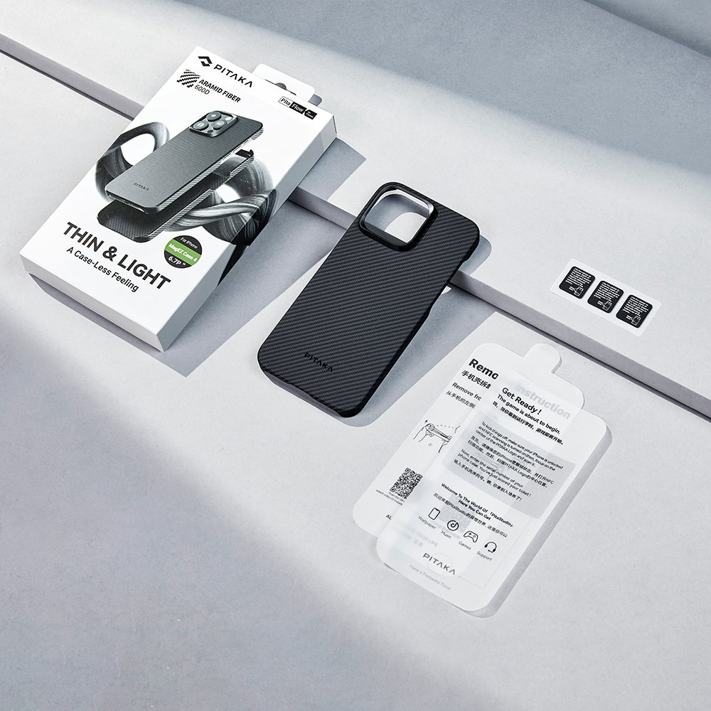 iPhone 15 Pro Max Kılıf M-safe Şarj Özellikli 600D Aramid Fiber Pitaka Ultra-Slim Classic Serisi Black-Grey Twill Kapak