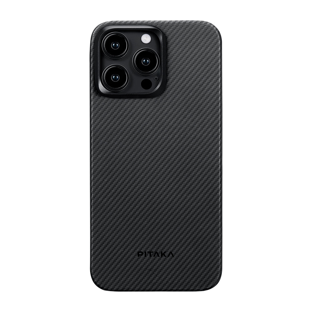 iPhone 15 Pro Max Kılıf M-safe Şarj Özellikli 600D Aramid Fiber Pitaka Ultra-Slim Classic Serisi Black-Grey Twill Kapak