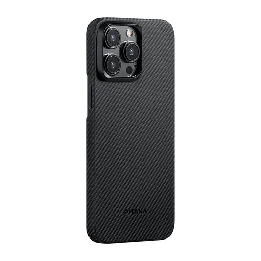 iPhone 15 Pro Max Kılıf M-safe Şarj Özellikli 600D Aramid Fiber Pitaka Ultra-Slim Classic Serisi Black-Grey Twill Kapak