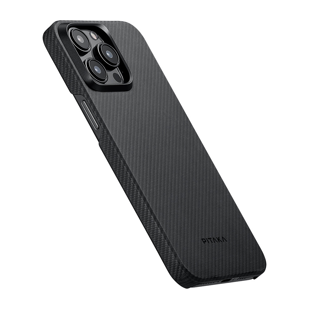 iPhone 15 Pro Max Kılıf M-safe Şarj Özellikli 600D Aramid Fiber Pitaka Ultra-Slim Classic Serisi Black-Grey Twill Kapak