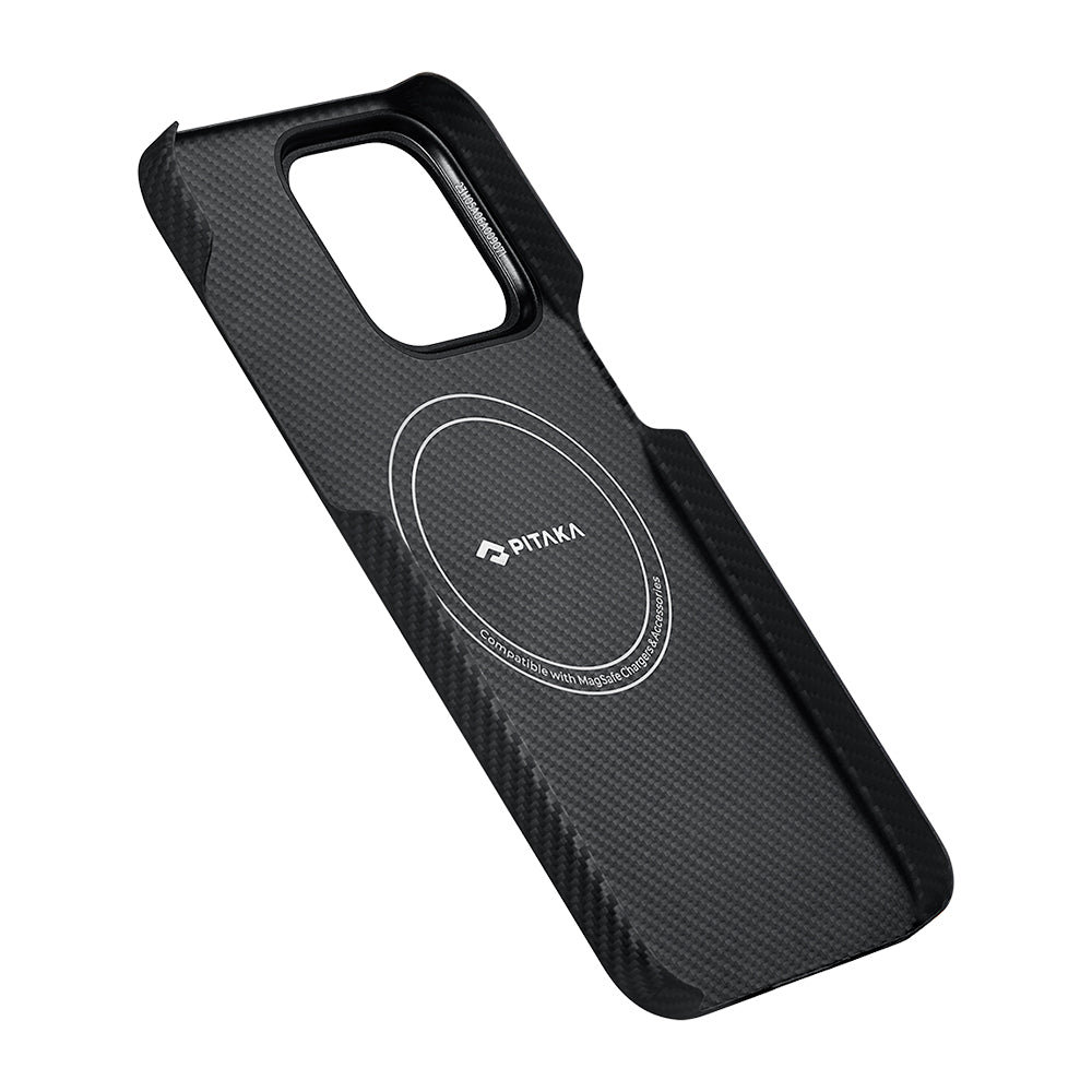 iPhone 15 Pro Max Kılıf M-safe Şarj Özellikli 600D Aramid Fiber Pitaka Ultra-Slim Classic Serisi Black-Grey Twill Kapak