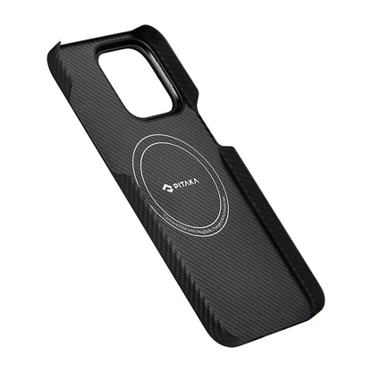 iPhone 15 Pro Max Kılıf M-safe Şarj Özellikli 600D Aramid Fiber Pitaka Ultra-Slim Classic Serisi Black-Grey Twill Kapak