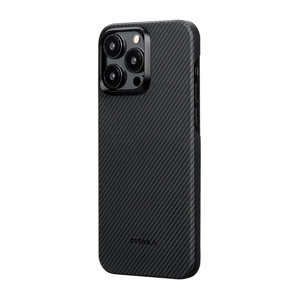 iPhone 15 Pro Max Kılıf M-safe Şarj Özellikli 600D Aramid Fiber Pitaka Ultra-Slim Classic Serisi Black-Grey Twill Kapak