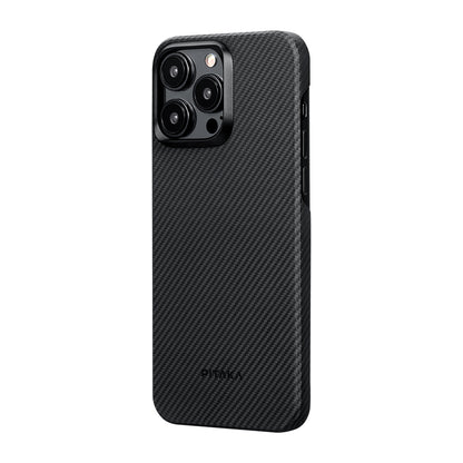 iPhone 15 Pro Max Kılıf M-safe Şarj Özellikli 600D Aramid Fiber Pitaka Ultra-Slim Classic Serisi Black-Grey Twill Kapak