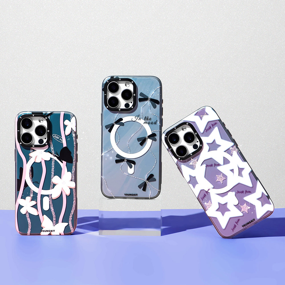 iPhone 15 Pro Max Kılıf M-safe Şarj Özellikli Airbagli Çift Katmanlı Youngkit Star&Butterfly Serisi Kapak