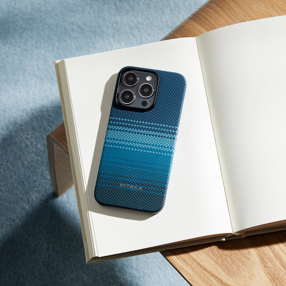 iPhone 15 Pro Max Kılıf M-safe Şarj Özellikli Aramid Fiber Pitaka Tactile Woven Sunset-Moonrise Serisi Moonrise Kapak