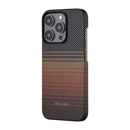 iPhone 15 Pro Max Kılıf M-safe Şarj Özellikli Aramid Fiber Pitaka Tactile Woven Sunset-Moonrise Serisi Sunset Kapak
