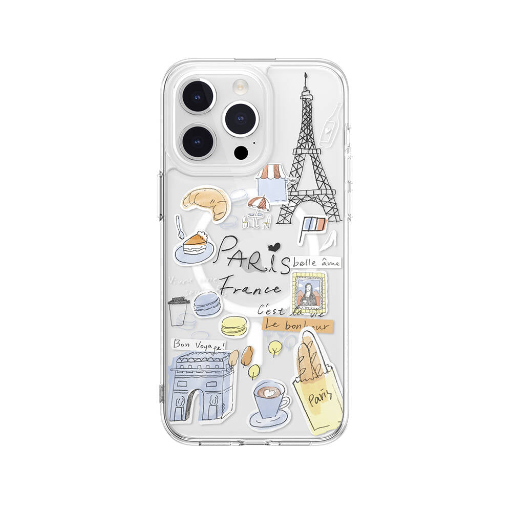 iPhone 15 Pro Max Kılıf M-safe Şarj Özellikli Çizim Desenli Şok Önleyicili Şeffaf Lisanslı Switcheasy City-M Paris Kapak