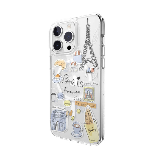 iPhone 15 Pro Max Kılıf M-safe Şarj Özellikli Çizim Desenli Şok Önleyicili Şeffaf Lisanslı Switcheasy City-M Paris Kapak