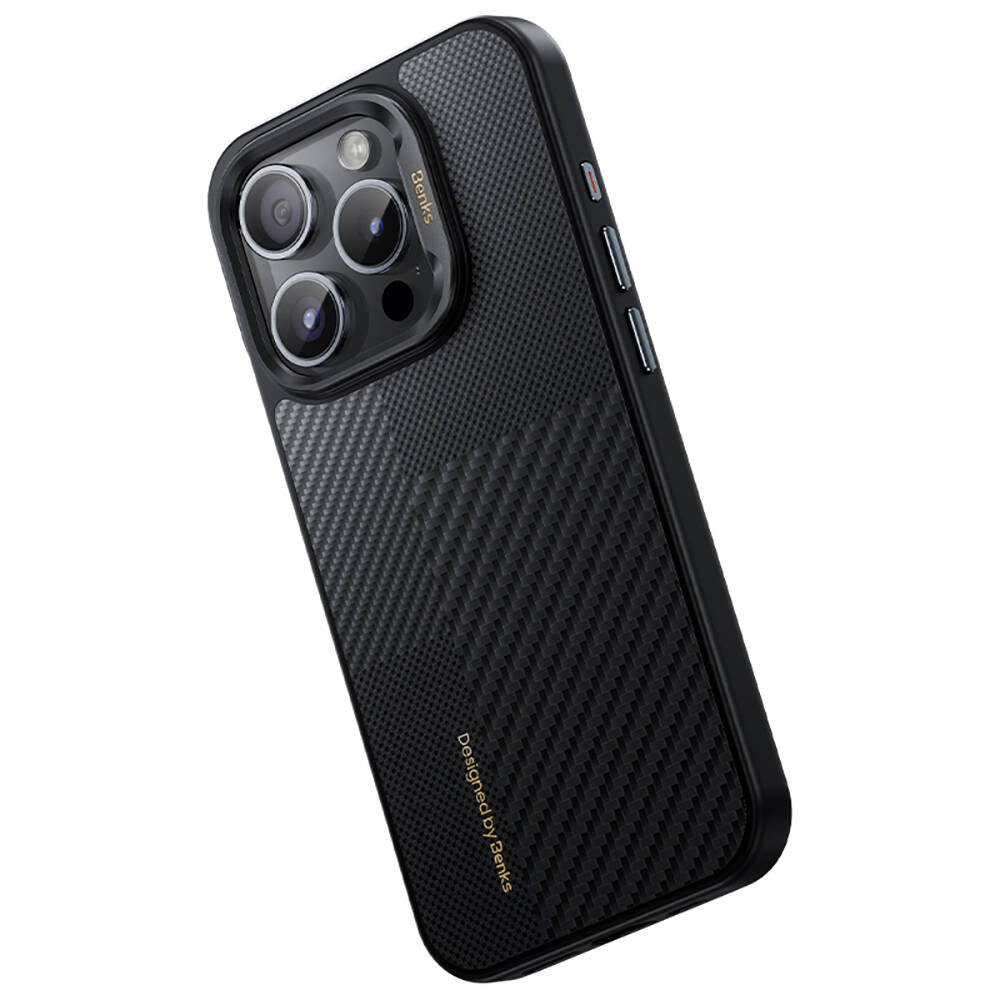 iPhone 15 Pro Max Kılıf M-safe Şarj Özellikli Karbon Fiber Benks Montage Hybrid ArmorPro Kevlar Kapak