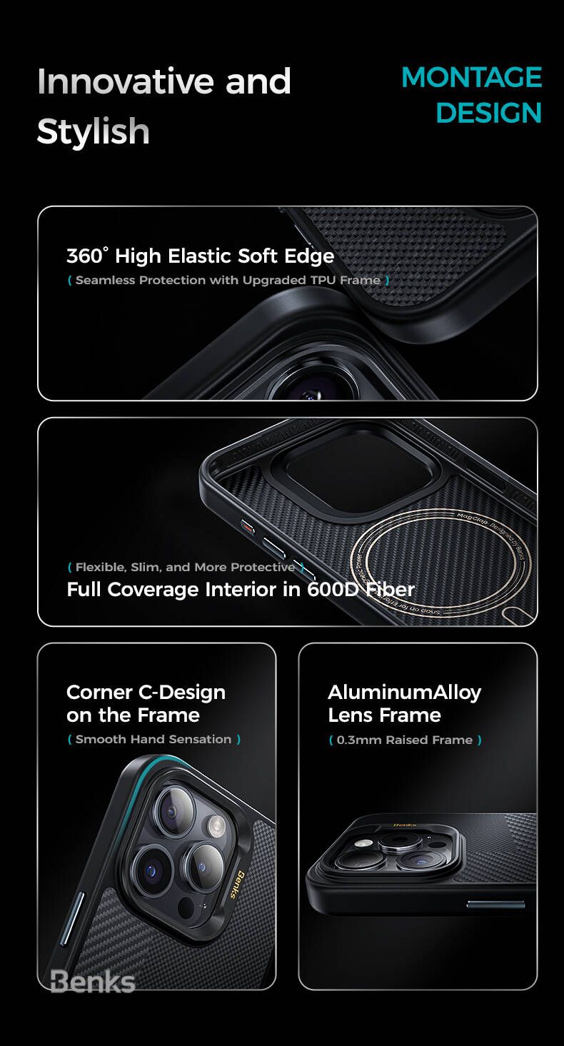 iPhone 15 Pro Max Kılıf M-safe Şarj Özellikli Karbon Fiber Benks Montage Hybrid ArmorPro Kevlar Kapak