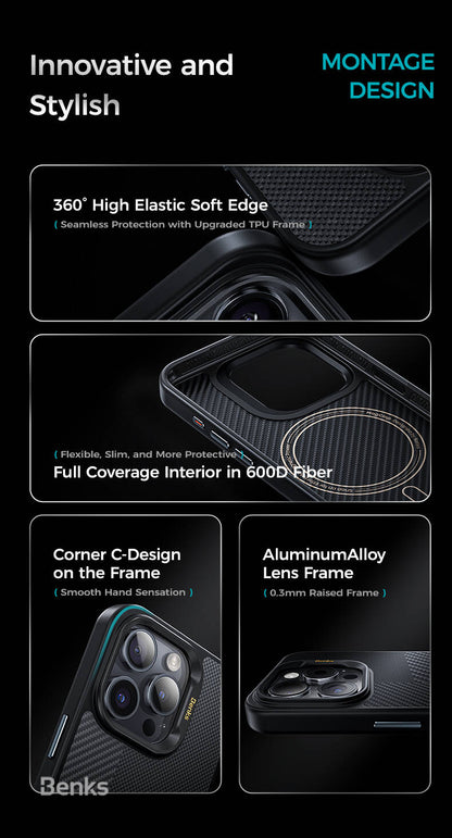 iPhone 15 Pro Max Kılıf M-safe Şarj Özellikli Karbon Fiber Benks Montage Hybrid ArmorPro Kevlar Kapak
