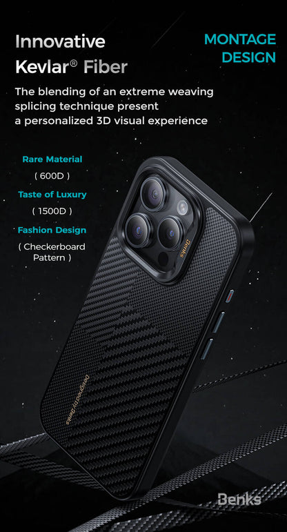 iPhone 15 Pro Max Kılıf M-safe Şarj Özellikli Karbon Fiber Benks Montage Hybrid ArmorPro Kevlar Kapak
