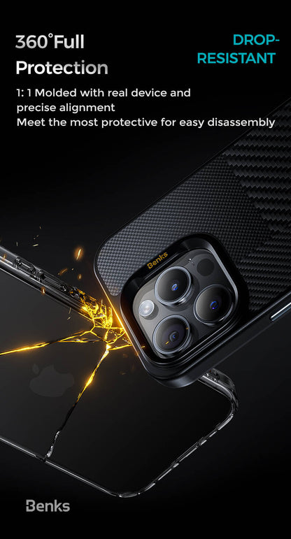 iPhone 15 Pro Max Kılıf M-safe Şarj Özellikli Karbon Fiber Benks Montage Hybrid ArmorPro Kevlar Kapak