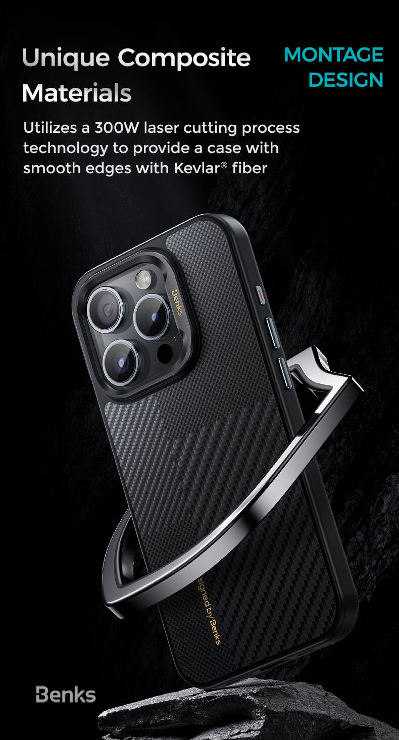 iPhone 15 Pro Max Kılıf M-safe Şarj Özellikli Karbon Fiber Benks Montage Hybrid ArmorPro Kevlar Kapak