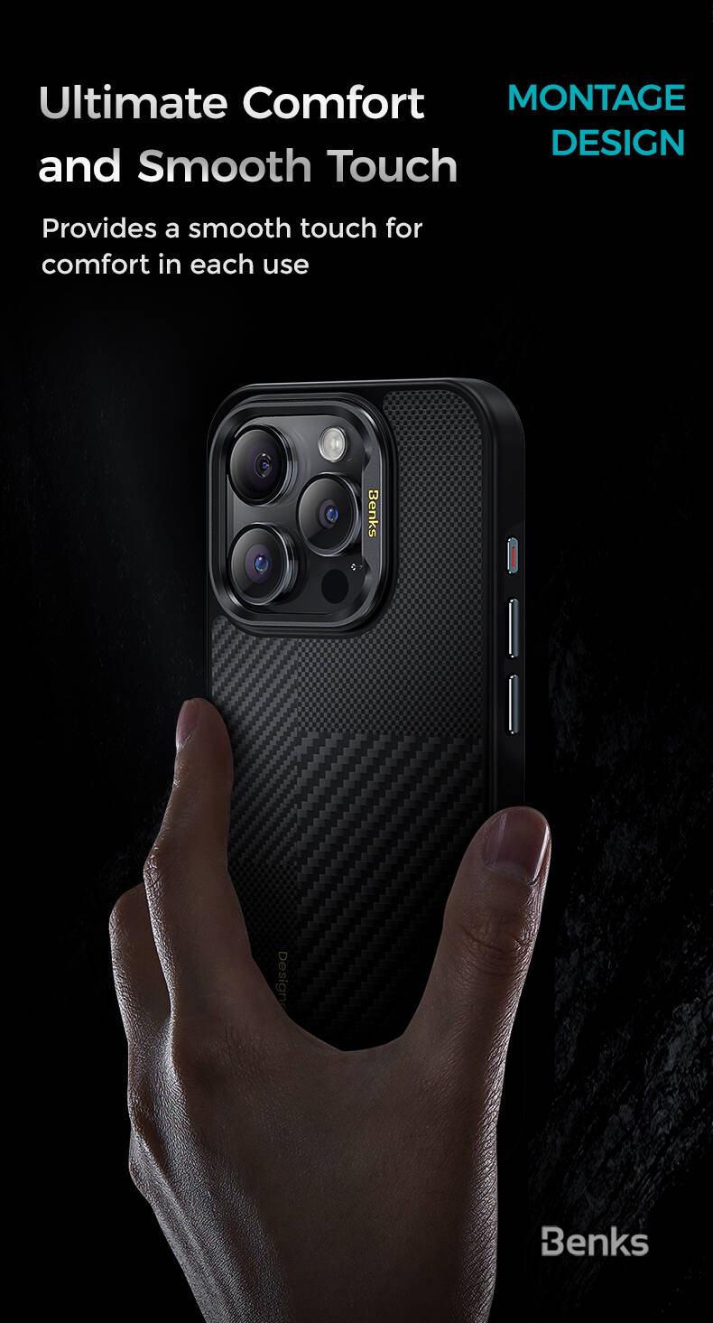iPhone 15 Pro Max Kılıf M-safe Şarj Özellikli Karbon Fiber Benks Montage Hybrid ArmorPro Kevlar Kapak