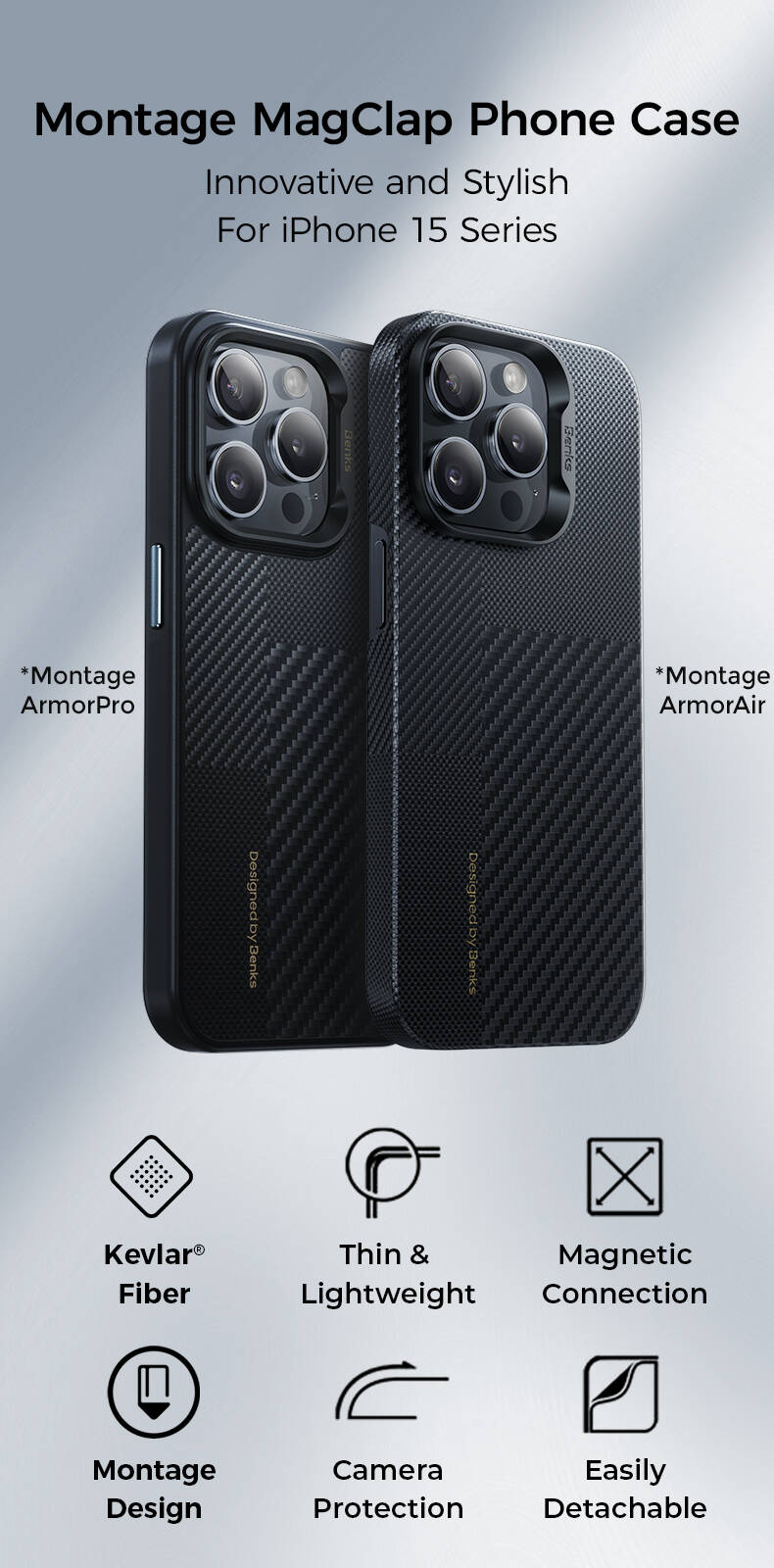 iPhone 15 Pro Max Kılıf M-safe Şarj Özellikli Karbon Fiber Benks Montage Hybrid ArmorPro Kevlar Kapak