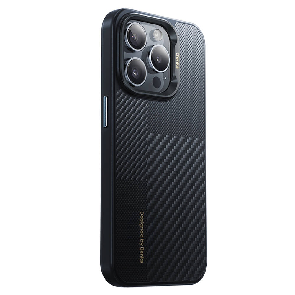 iPhone 15 Pro Max Kılıf M-safe Şarj Özellikli Karbon Fiber Benks Montage Hybrid ArmorPro Kevlar Kapak