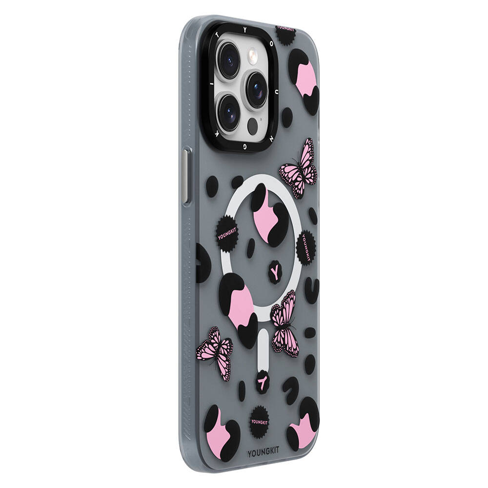 iPhone 15 Pro Max Kılıf M-safe Şarj Özellikli Kelebek Desenli Youngkit Shadow Dance Serisi Kapak