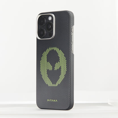 iPhone 15 Pro Max Kılıf M-safe Şarj Özellikli Lumintex Teknolojili Fosforlu Aramid Fiber Pitaka Tactile Woven Aries Serisi Kapak
