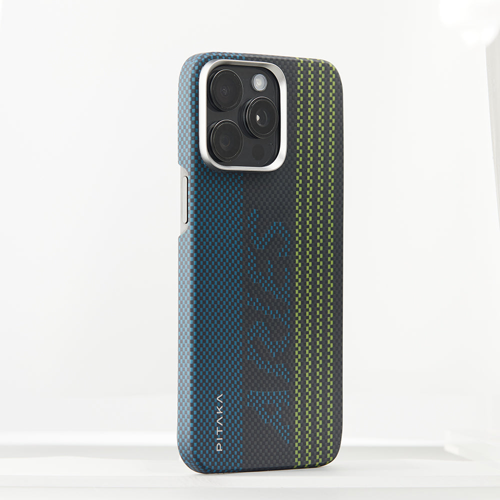 iPhone 15 Pro Max Kılıf M-safe Şarj Özellikli Lumintex Teknolojili Fosforlu Aramid Fiber Pitaka Tactile Woven Aries Serisi Kapak