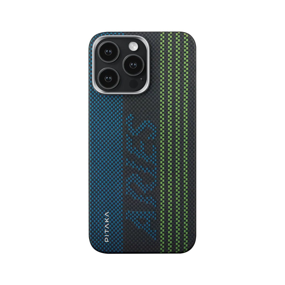 iPhone 15 Pro Max Kılıf M-safe Şarj Özellikli Lumintex Teknolojili Fosforlu Aramid Fiber Pitaka Tactile Woven Aries Serisi Kapak