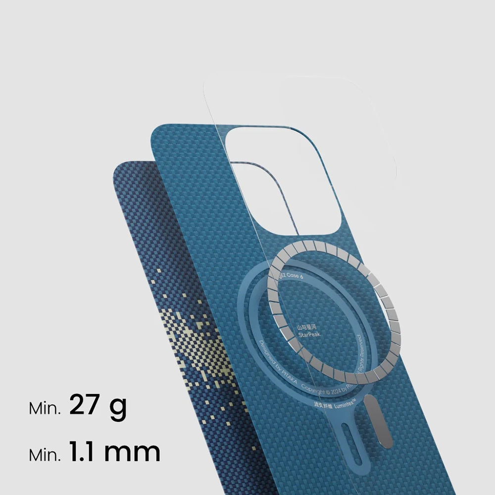 iPhone 15 Pro Max Kılıf M-safe Şarj Özellikli Lumintex Teknolojili Fosforlu Özellikli Aramid Fiber Pitaka Tactile Woven Starpeak Serisi Milky Way Galaxy Kapak