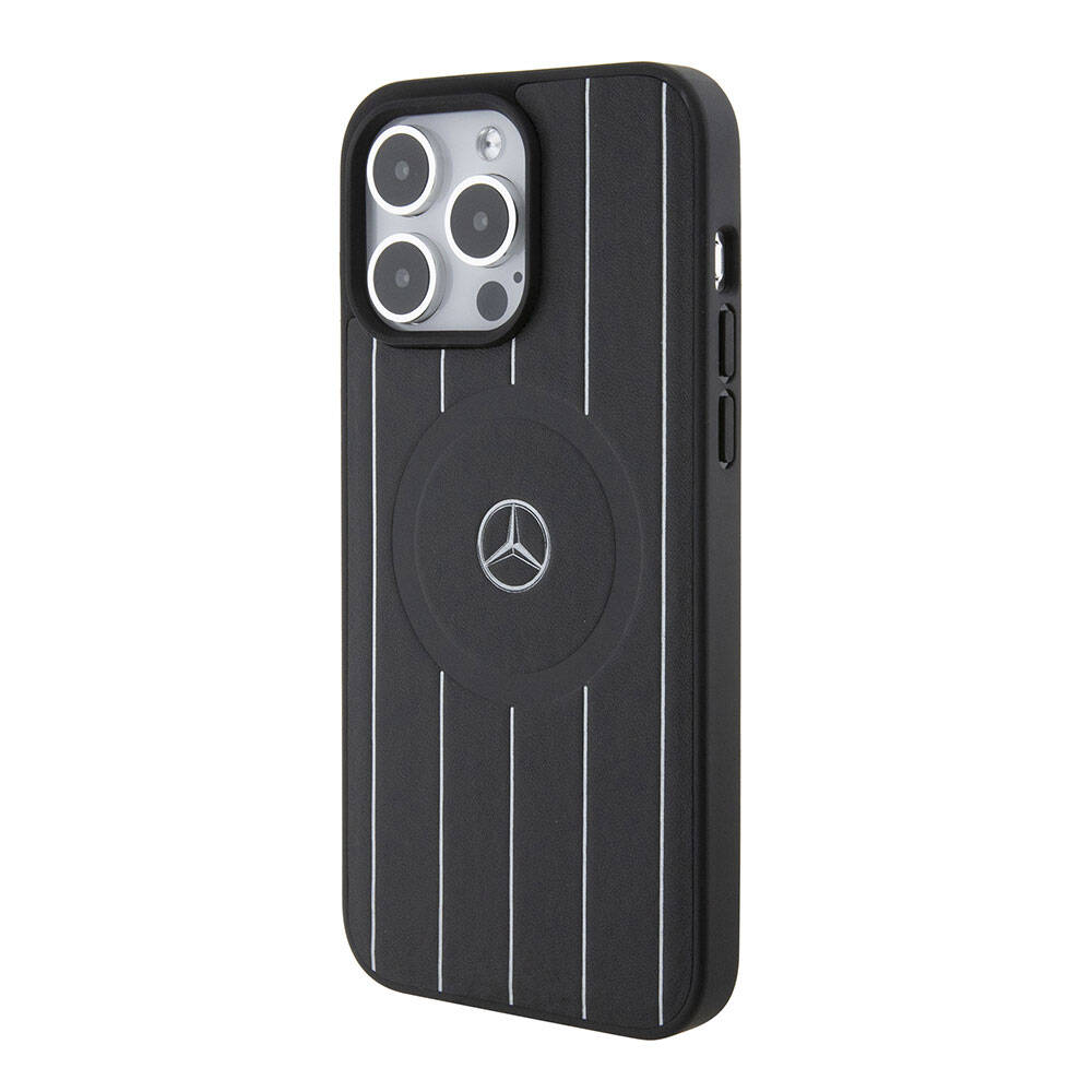 iPhone 15 Pro Max Kılıf Mercedes Benz Orjinal Lisanslı M-safe Şarj Özellikli Baskı Logolu Paralel Çizgi Desenli Deri Kapak