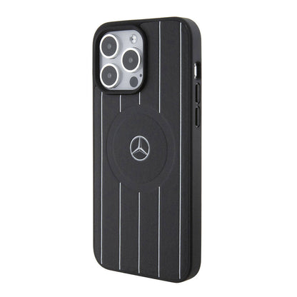 iPhone 15 Pro Max Kılıf Mercedes Benz Orjinal Lisanslı M-safe Şarj Özellikli Baskı Logolu Paralel Çizgi Desenli Deri Kapak