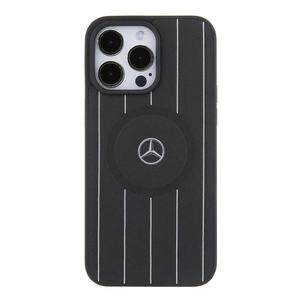 iPhone 15 Pro Max Kılıf Mercedes Benz Orjinal Lisanslı M-safe Şarj Özellikli Baskı Logolu Paralel Çizgi Desenli Deri Kapak